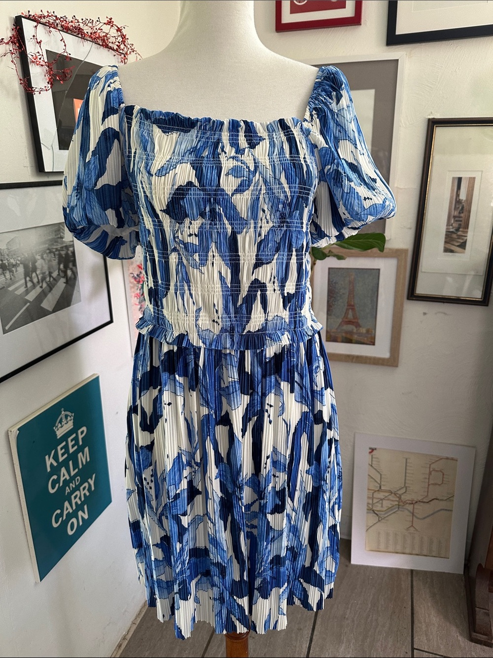 H&M Blue and White Floral Smocked Midi Dress Small & Medium NWT
